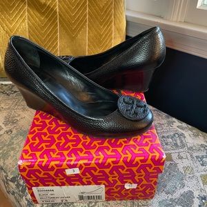 Tory Burch Black Sally-Tumbled Leather Wedge